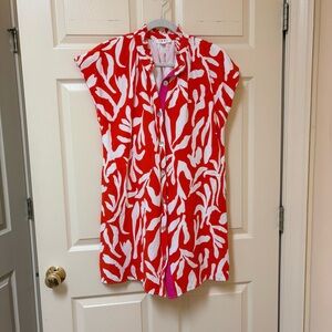 THML Orange and White Abstract Mini Dress with ruffle collar. Large